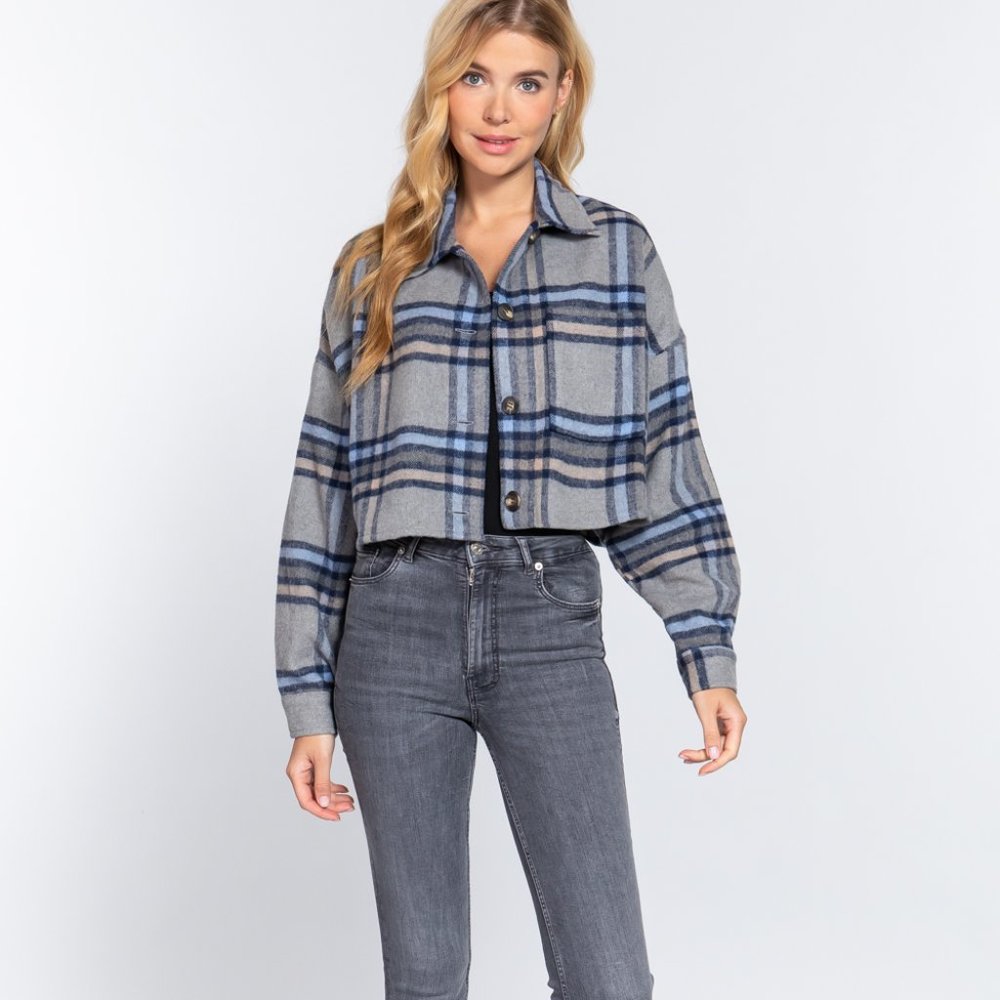 Wool plaid oversized crop jacket